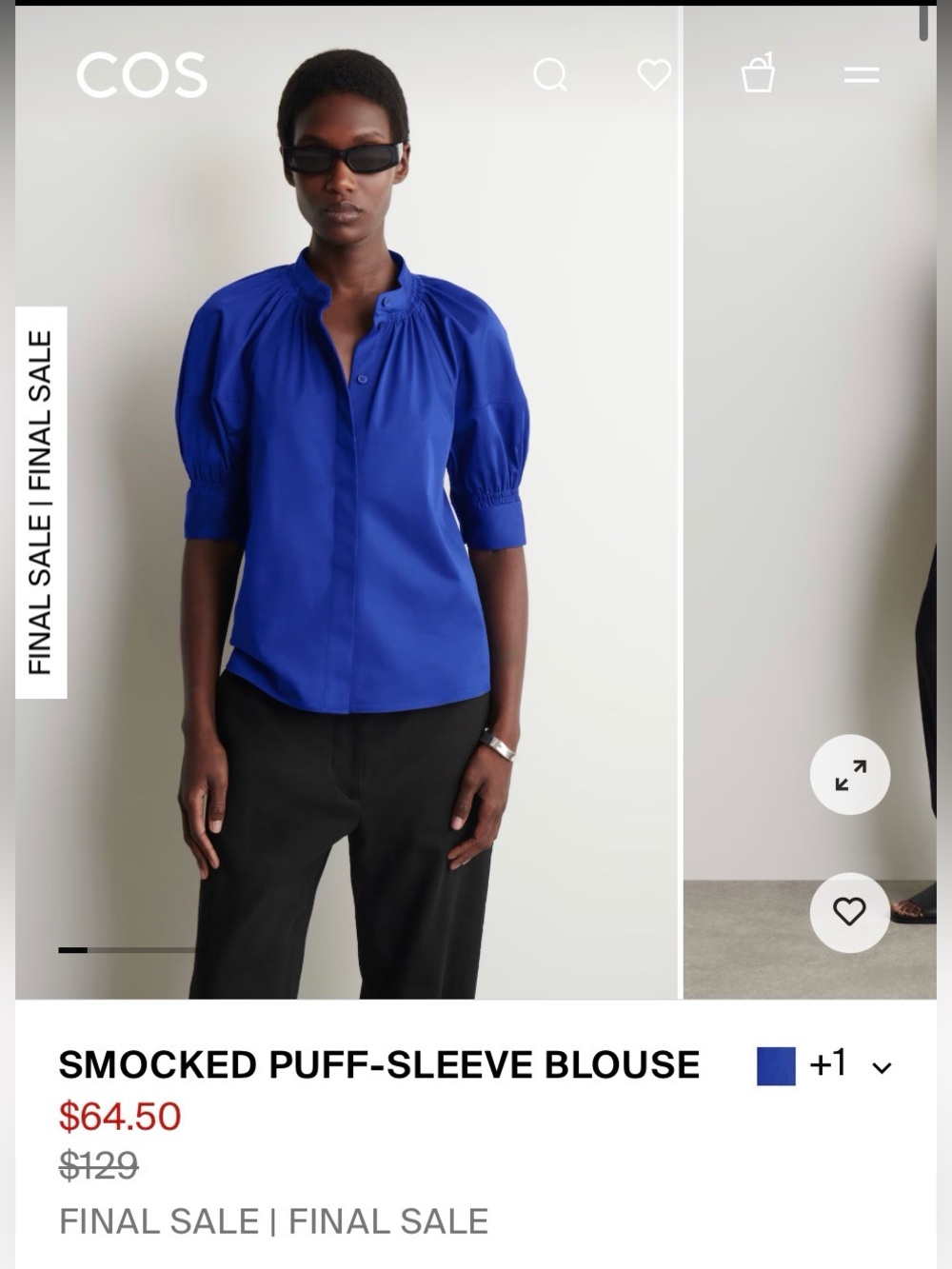 NWT COS Smoked Puff Sleeve Blouse, Size 4 / Small, Royal Blue